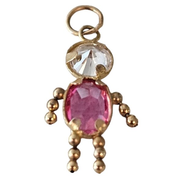 14K Yellow Gold Pink Clear CZ Girl Charm Pendant L78 - Picture 1 of 6